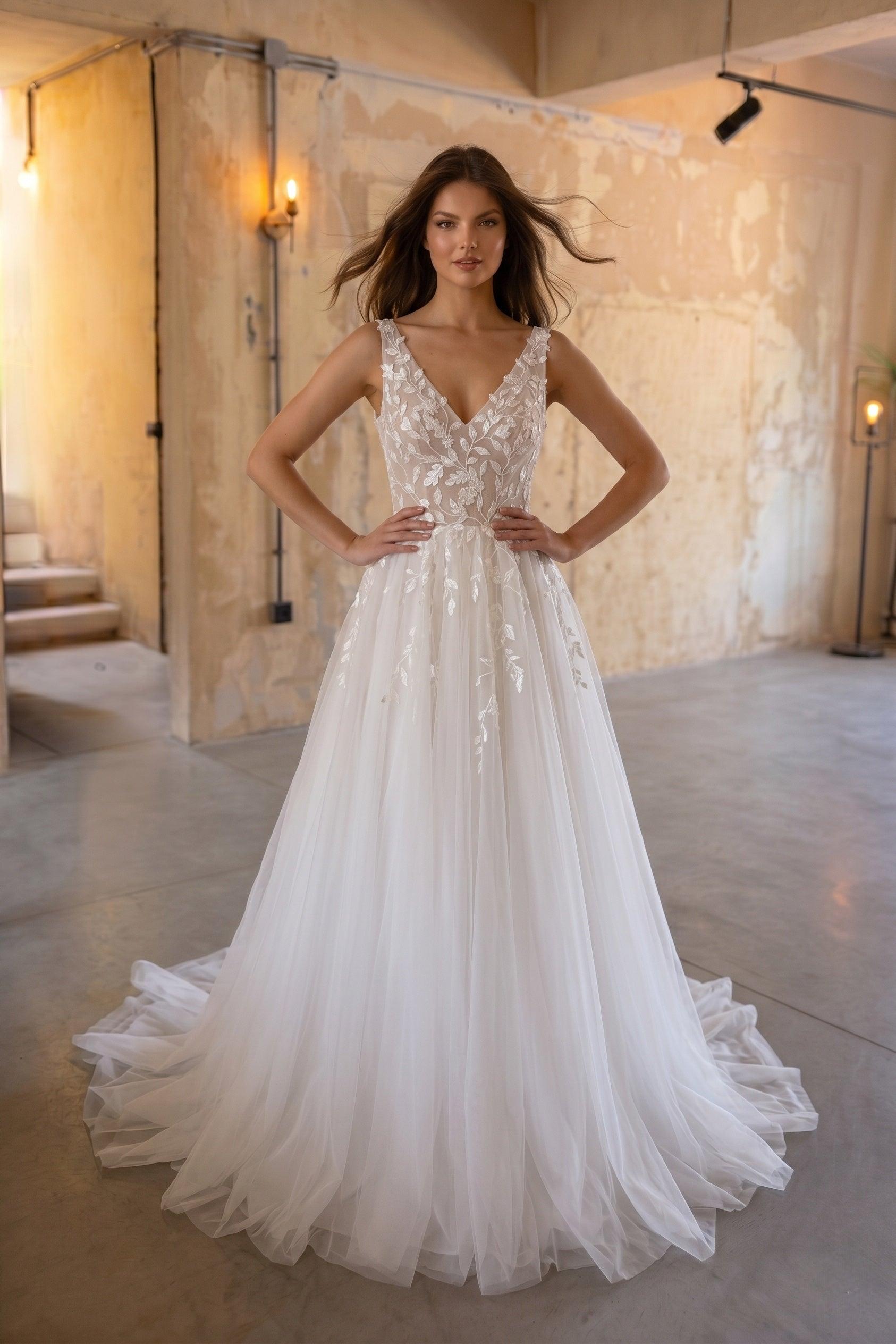 A-Line Court Train Lace Tulle Wedding Dress CW3238 - 35 Days / As Picture:Ivory/Sand / US0-UK2-EUR30 - COCOMELODY
